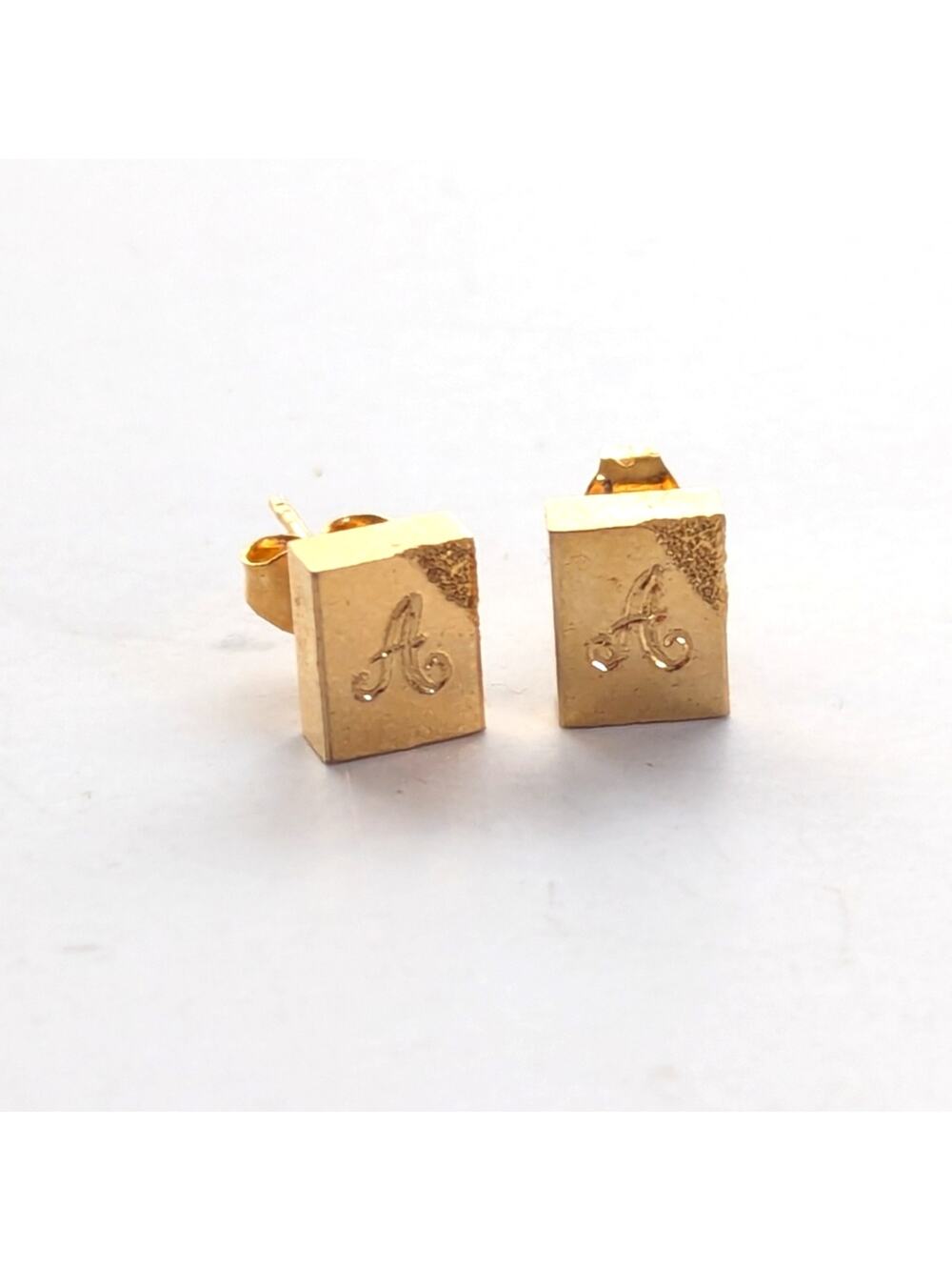 Vintage Dainty Delicate Rectangle "A" Initial Textured Gold Tone Stud Earrings
